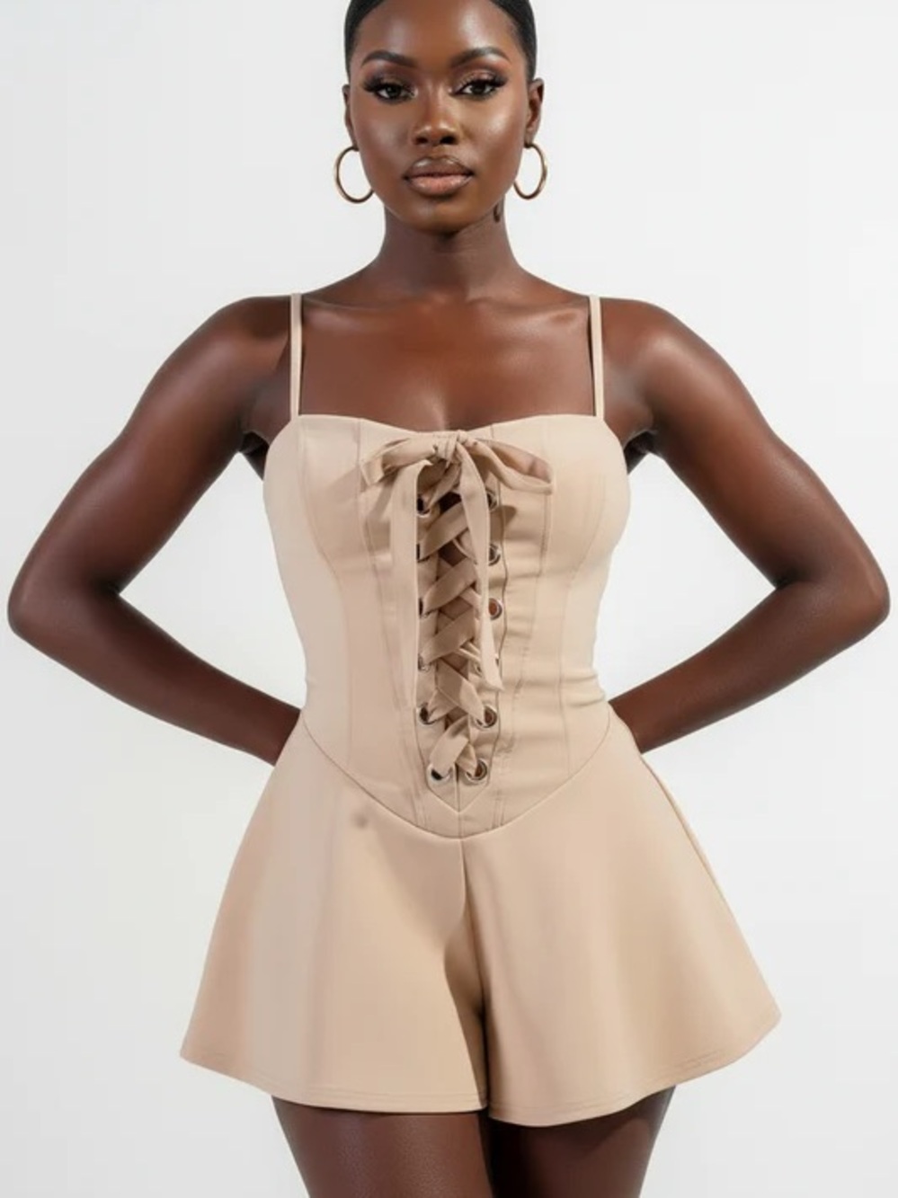 Beige Lace-Up Corset Romper